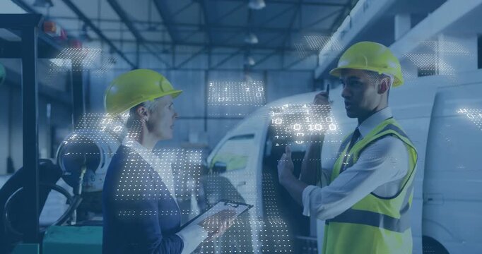 Manager marking items while showing data overlay as engineer inspecting van monitoring technology - Powered by Adobe