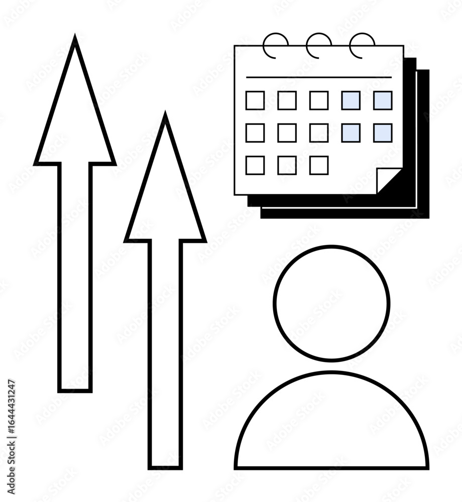 Aufkleber user icon paired with a calendar and upward arrows symbolizing productivity, scheduling, and progres