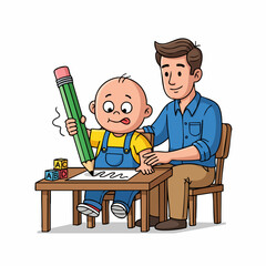 Cartoon Handdrawn Little Baby Drawing on Paper with Father Illustration