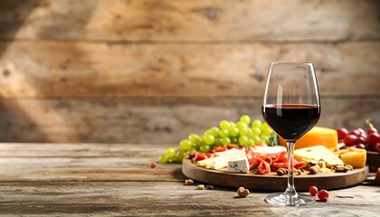 Wine glass with red wine cheese and grapes on a wooden table with a wooden background