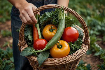 A basket full of freshly picked organic vegetables from the garden