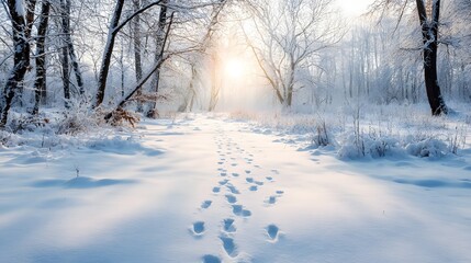 Obraz premium Footprints on a snowy path through a winter forest.