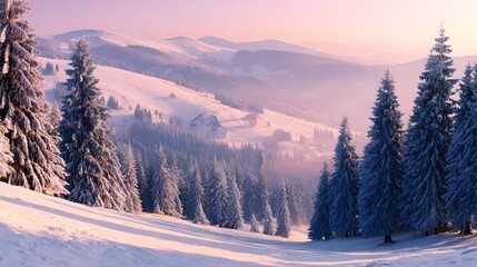 A winter landscape of snow-covered pine trees on a hillside.