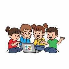 Cartoon Flat Design of Happy Children Watching Laptop Illustration