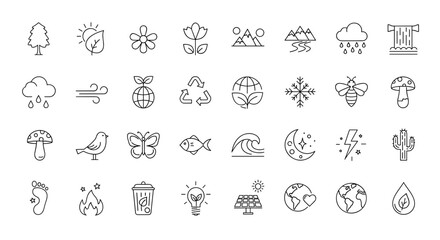 Illustration featuring a collection of environmental and nature related icons in a line art style