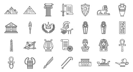 Fototapeta premium Illustration showing ancient artifacts including pyramids, sphinx, chariot, and various other relics