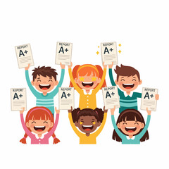 Cheerful Flat Illustration of Students Celebrating Excellent Grades Report Card
