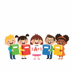 Cheerful Cartoon Diverse Group of Children Holding Books Illustration
