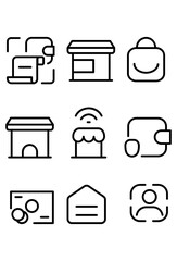 Digital finance icons: wallet, shop, bag, home, Wi-Fi, money, mail, user.
E-commerce symbols: payments, retail, shopping, services, transactions, communication.
Online business concepts: purchasing