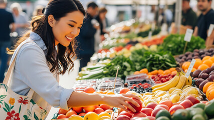 Young Asian woman shopping for fresh produce at a farmers market, selecting ripe apples and other fruits.