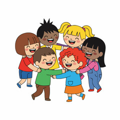 Cartoon Colorful Group of Smiling Diverse Children Holding Hands Illustration