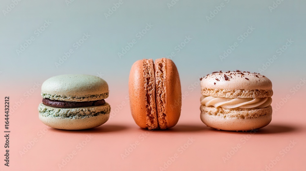Poster three colorful macarons arranged in a row.