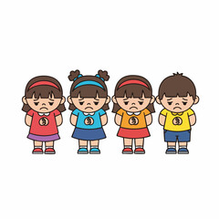 Cartoon Flat Group of Sad Children with Different Clothes Illustration