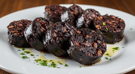 Delicious and appetizing black pudding on a white plate, beautifully presented with oil drizzle. The image showcases the texture of the dark, savory food, ready to be enjoyed.