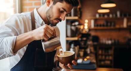 Professional male barista pouring milk for latte art, warm coffee shop setting, intimate close-up photography for specialty coffee branding