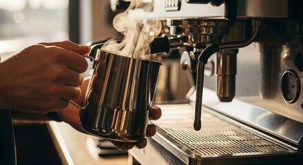 Male barista’s hands holding milk frothing pitcher beside espresso machine, golden afternoon light, cinematic coffee photography for artisanal cafe branding