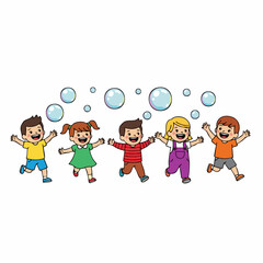 Cheerful Cartoon Children Playing with Bubbles Outdoor Activity Illustration