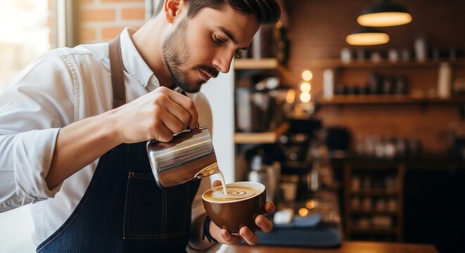 Professional male barista pouring milk for latte art, warm coffee shop setting, intimate close-up photography for specialty coffee branding