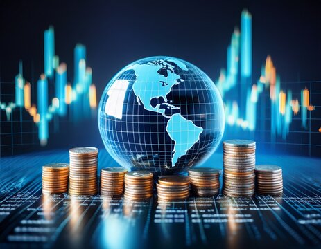 a digital globe and stacks of bitcoin coins on a financial graph display symbolize global cryptocurrency trading and blockchain technology - Powered by Adobe