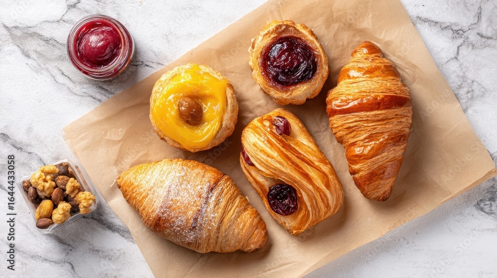 Poster assorted pastries and a small container of nuts on a marble surface.