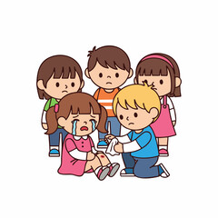 Cartoon Illustration of Group of Kids Consoling Crying Injured Friend Scene