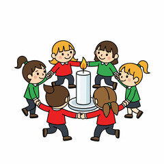 Flat Cartoon Group of Children Surrounding Candle Celebrating Celebration Illustration