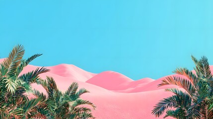 Pink desert landscape with tropical palm trees against a vibrant blue sky.