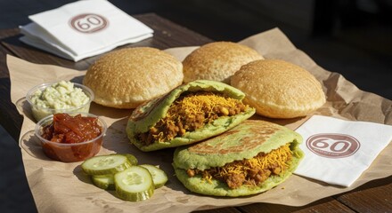 Green Puri Bread with Savory Filling and Condiments on Rustic Wooden Table