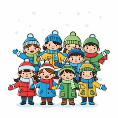 Cute Handdrawn Crowd of Children in Winter Clothing Illustration