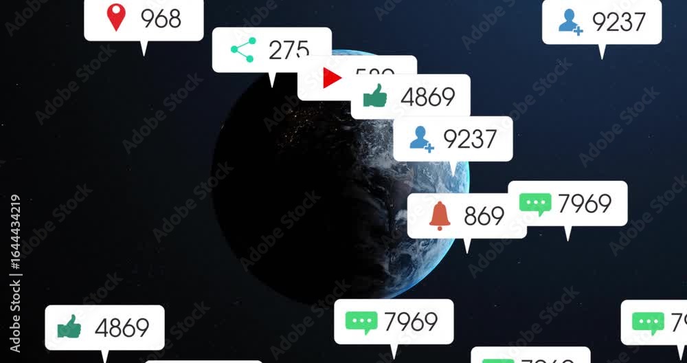 Poster rotating earth causing notification panels appearing and forming halo visualizing social metrics