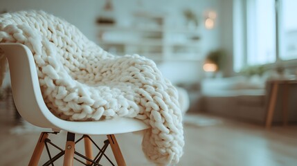 Knitted throw blanket draped over a modern chair.