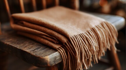 Soft, warm camel-colored throw blanket resting on a wooden chair.