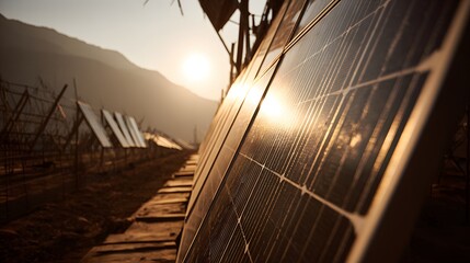 Solar panels at sunrise,  mounted outdoors.