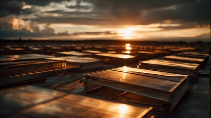 Solar panels on a rooftop at sunset.