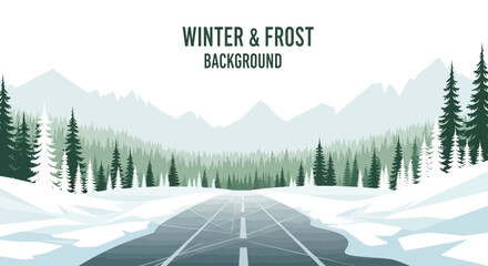 Serene Winter Landscape with Snow-Covered Road and Majestic Mountains Scenery