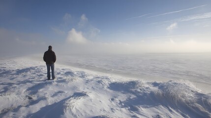 Solitary figure stands on a snow-covered mountaintop, gazing at a vast expanse of frozen landscape.