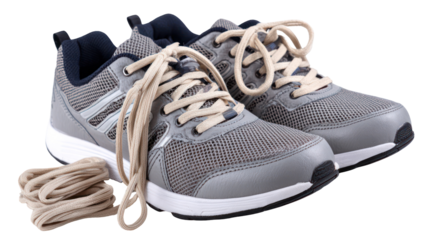 Pair of sport shoes with side view and shoelaces arrangement on transparent background