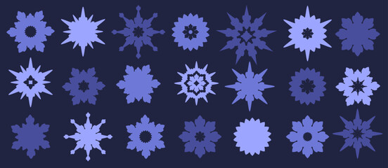 Snowflakes Set. Snow symbols isolated. Purple Snowflake icons. Hand drawn doodles winter elements for Christmas cards, prints, textiles, wrapping paper, packaging, holiday.Snowflake silhouette. Vector