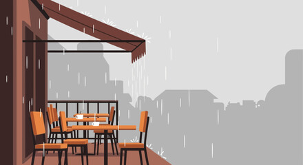 Rainy day at the cafe illustration featuring outdoor seating and city silhouette creates a cozy and atmospheric ambiance