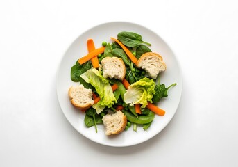 White ceramic plate containing leftover food scraps, wilted vegetables, and half-eaten bread pieces, conceptual photography for environmental awareness campaigns