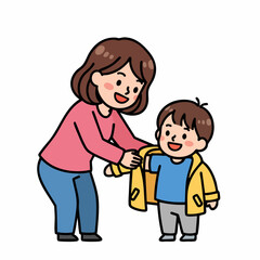 Cute Handdrawn Mother Helping Her Child Wear a Jacket Illustration