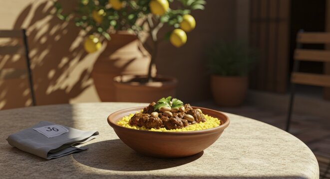 Outdoor Dining Experience with a Dish of Yellow Rice and Meat - Powered by Adobe