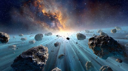 Asteroids in motion within a nebula.
