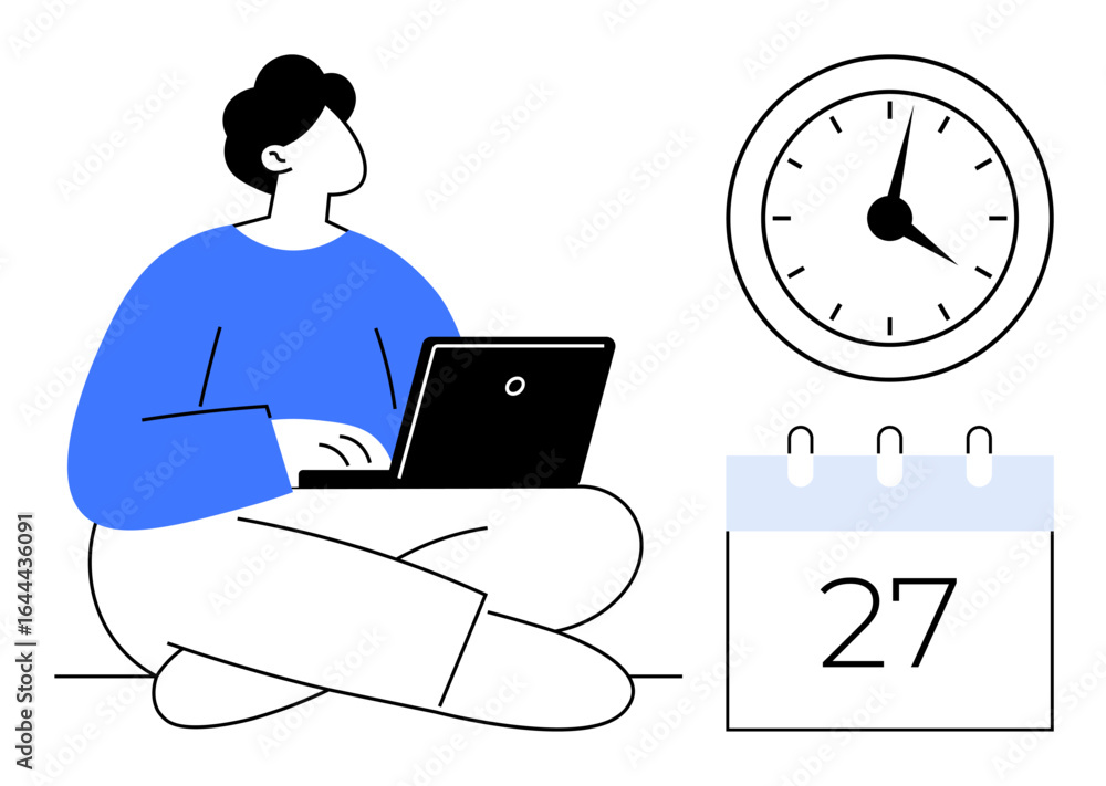 Poster man sitting cross-legged using laptop, with clock and calendar indicating time and date. ideal for t
