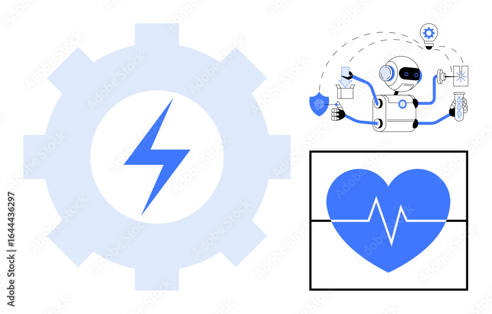 Poster robot managing tasks, gear with lightning bolt symbol for energy, heart with pulse line. ideal for a