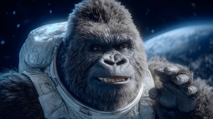 Close-up of a large ape in a spacesuit in space.