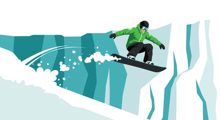 Fototapeta premium Snowboarder performing a jump in a winter landscape illustration scene