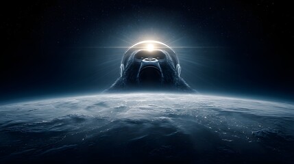 Ape-like figure in space above a planet.