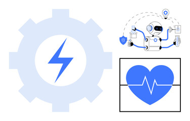 Robot managing tasks, gear with lightning bolt symbol for energy, heart with pulse line. Ideal for AI, healthcare, automation, technology, energy medical innovation futuristic concepts. A simple