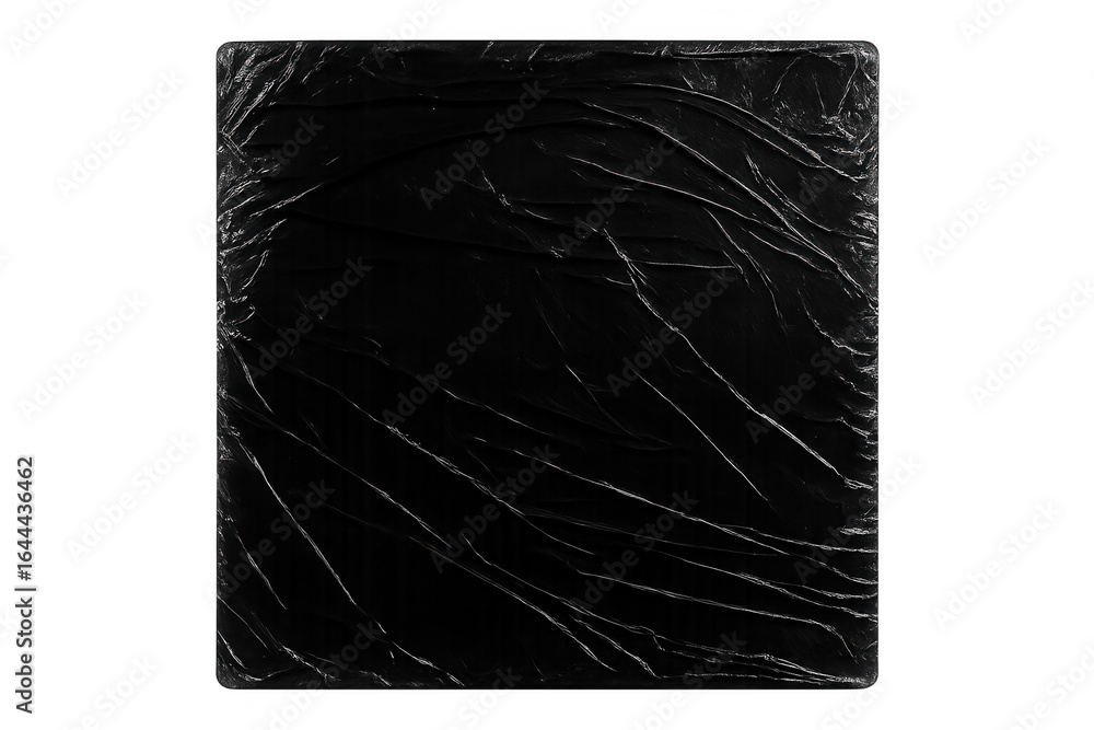 Poster crumpled black plastic surface with transparent areas, creating textural overlay effect for graphic 